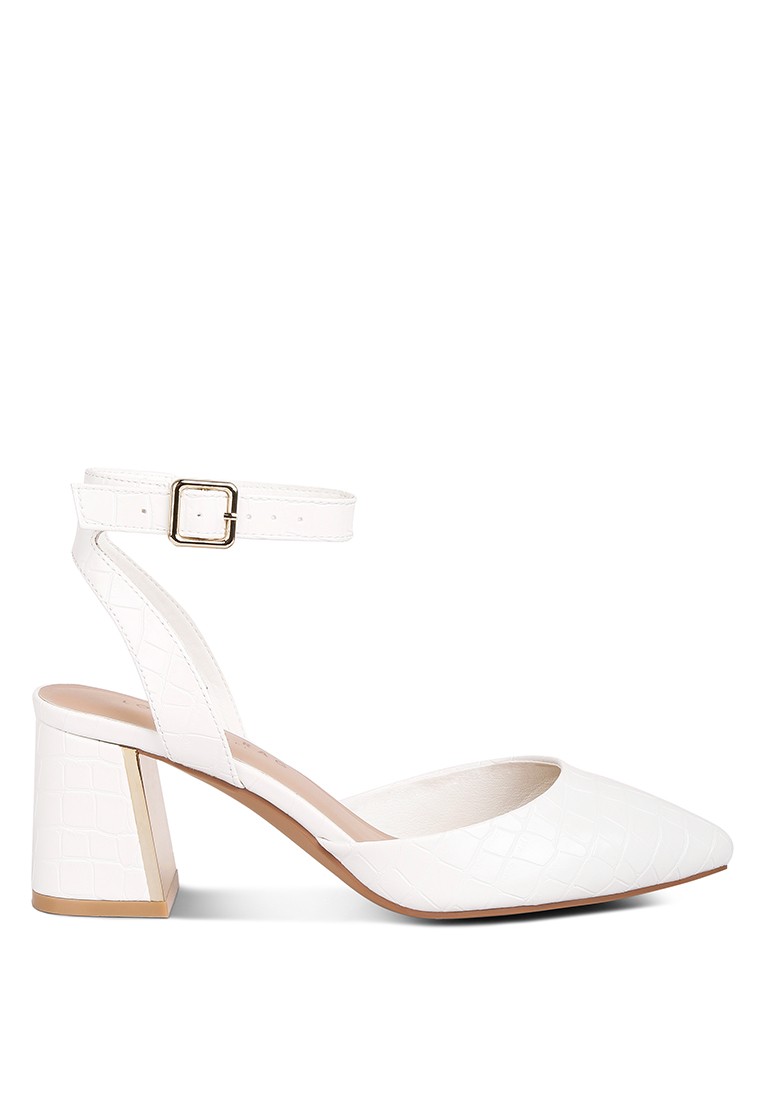 White Metallic Accent Block Heel Sandals