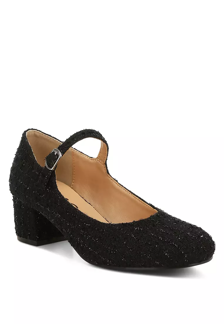 Tweed Mary Jane Sandals in Black