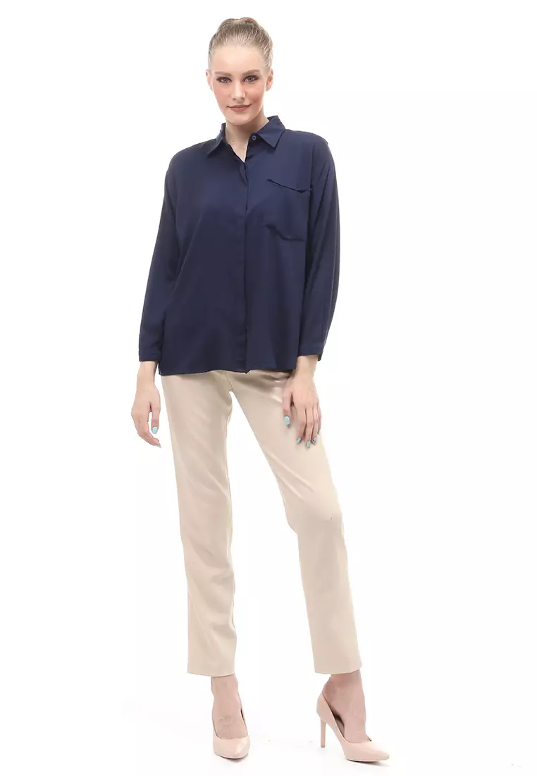 Dean Basic Shirt Lengan Panjang Atasan Wanita Front Button Opening Relaxed Fit - Navy