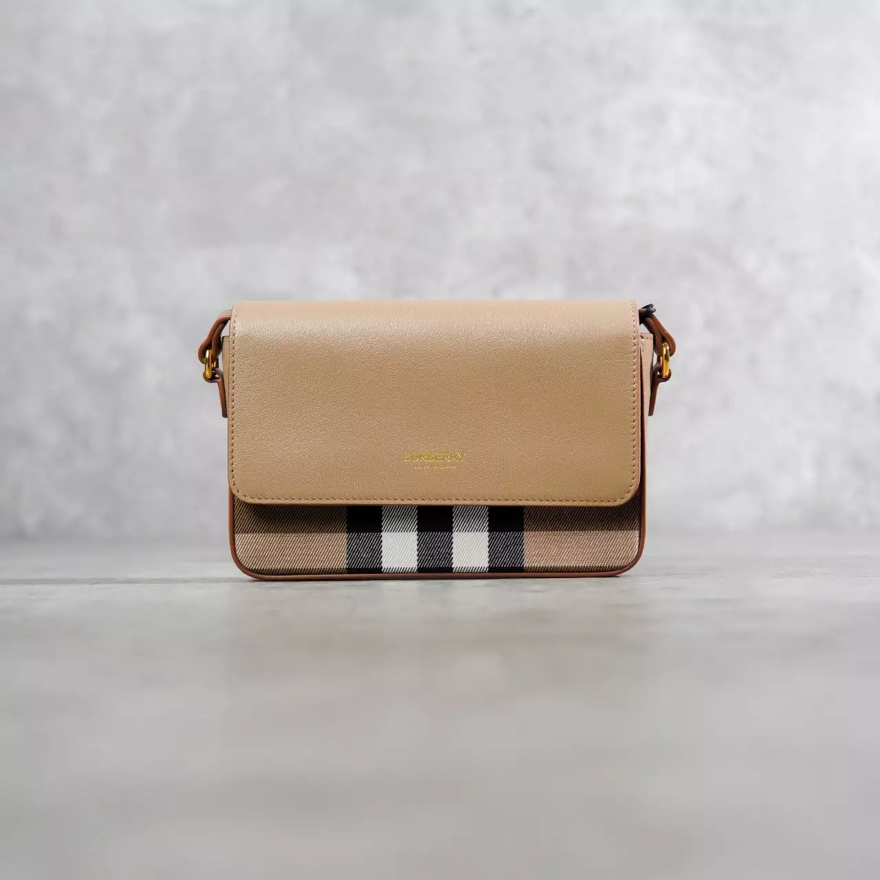 Tas BURBERRY CHECK BEIGE CHESTNUT FLAP LEATHER SHOULDER BAG 100% ORIGINAL