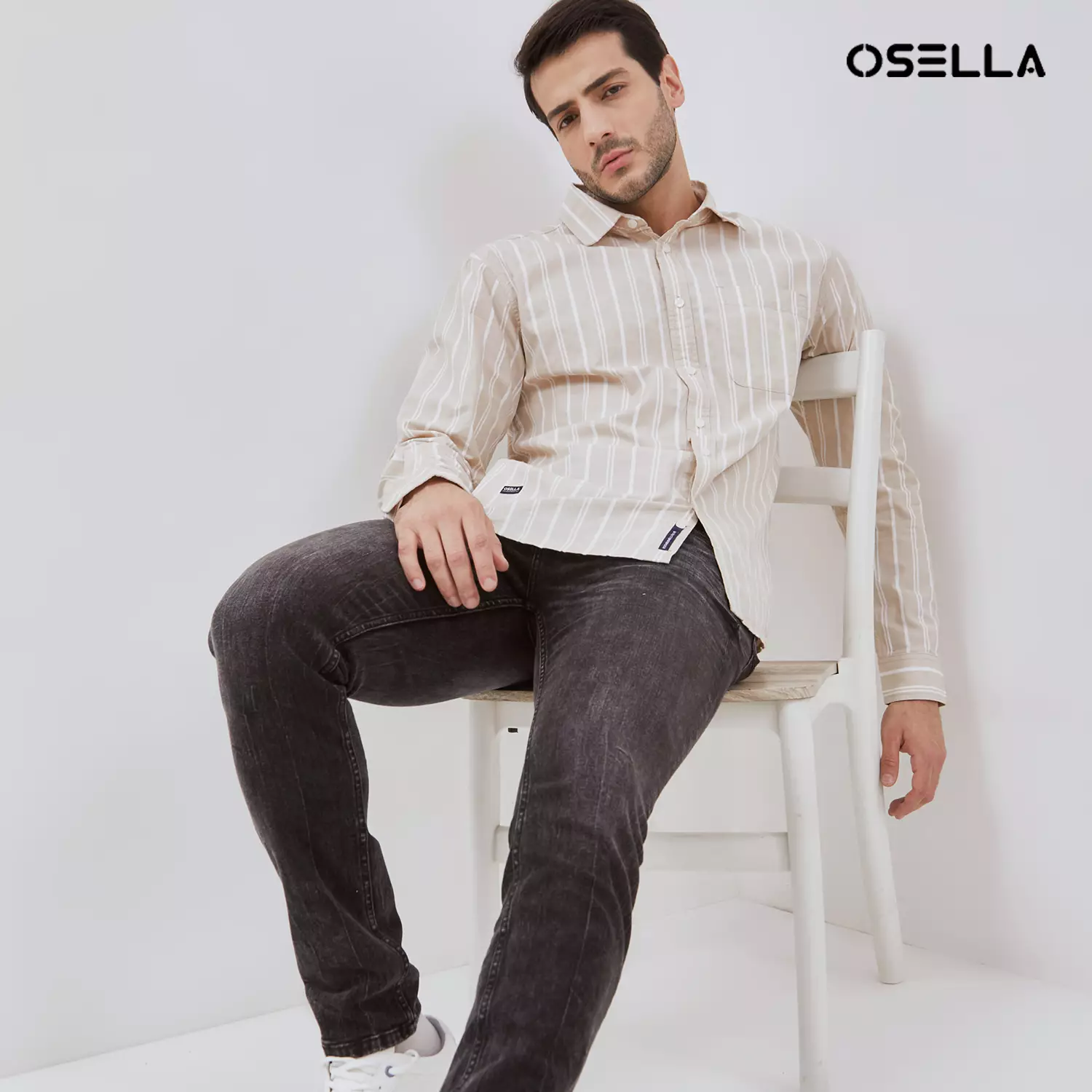 Osella Striped Pattern Regular Fit Collared Shirt In Light Beige And White 2037501238 | Kemeja Pria Lengan Panjang