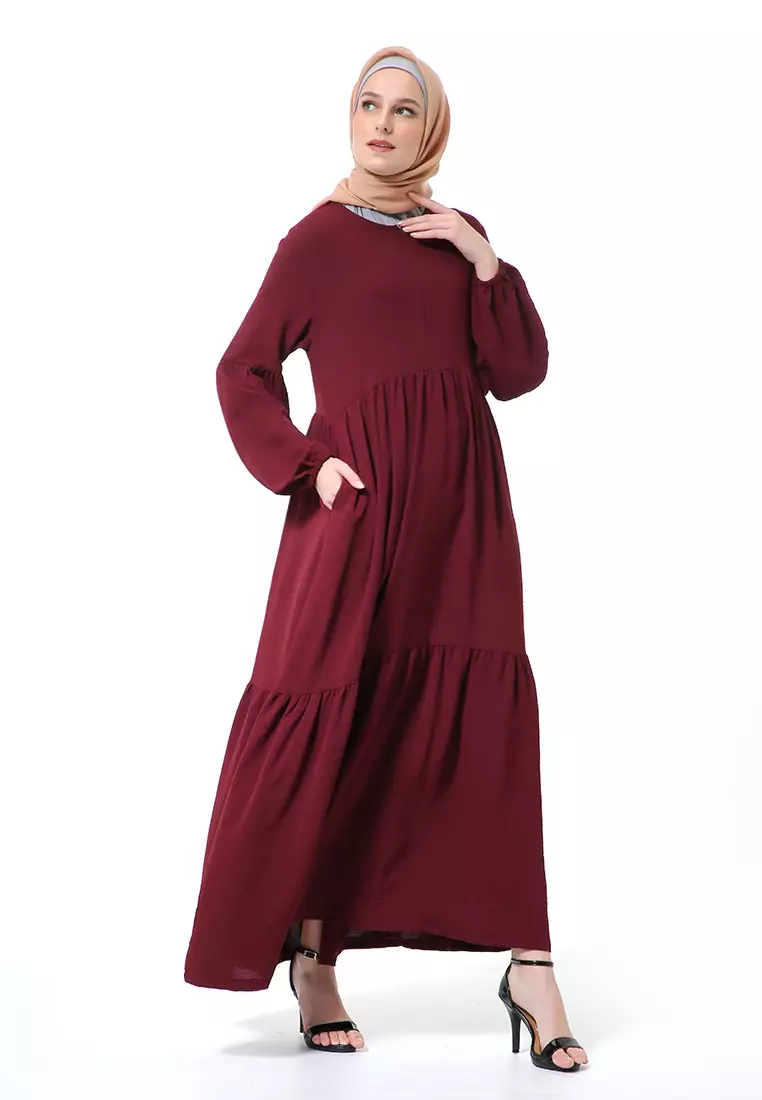 Tika Dress Wanita Gamis Muslimah Rubber Hands High Quality Premium - Burgundy