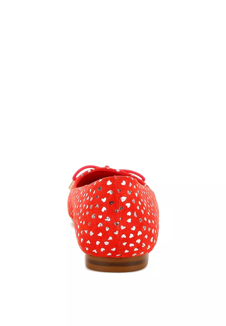 蝴蝶結細部壓花絨面革芭蕾舞平底鞋 紅色