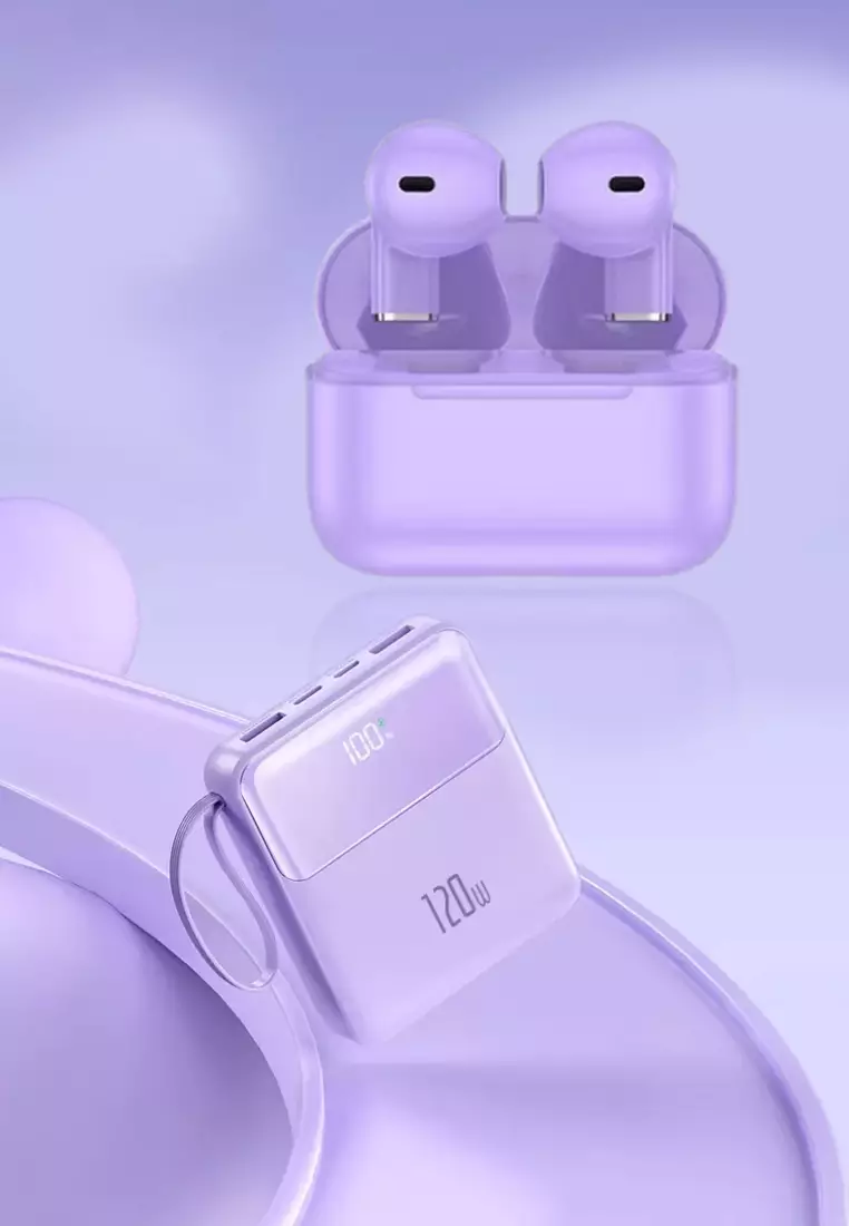 Value Deal - 5s PRO MINI Wireless Earphones - Purple + Multi Plug 120W / 30000mAh Fast Charging Power Bank - Purple