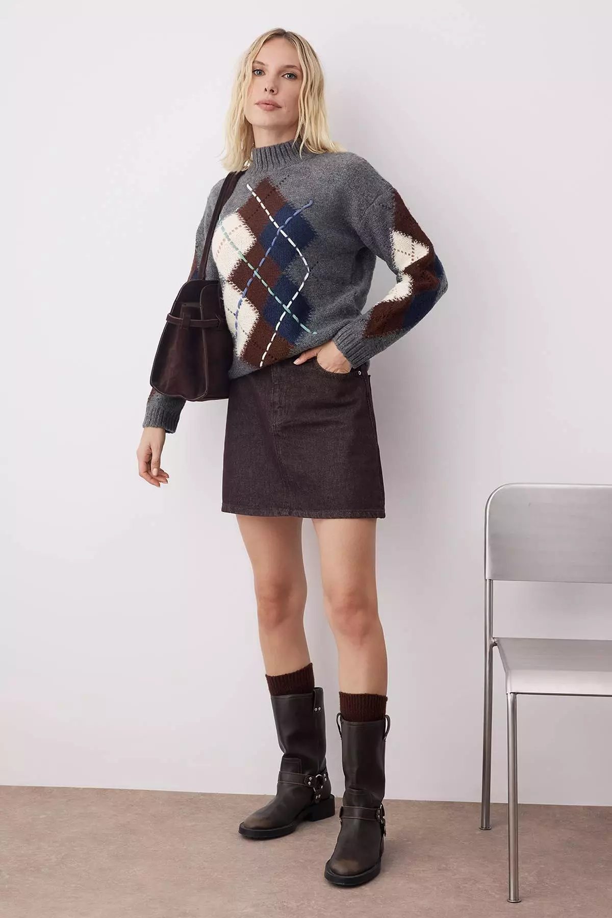 Dark Gray Diamond Patterned Soft Textured Knitwear Sweater