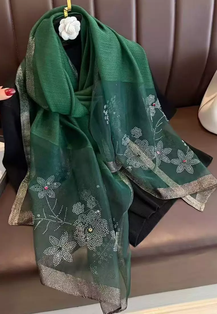Aksesoris Syal Pesta Wanita Floral Pattern Studs Embellish Silk Shawl Syal Sutra Wanita Evening Shawl Emerald Green