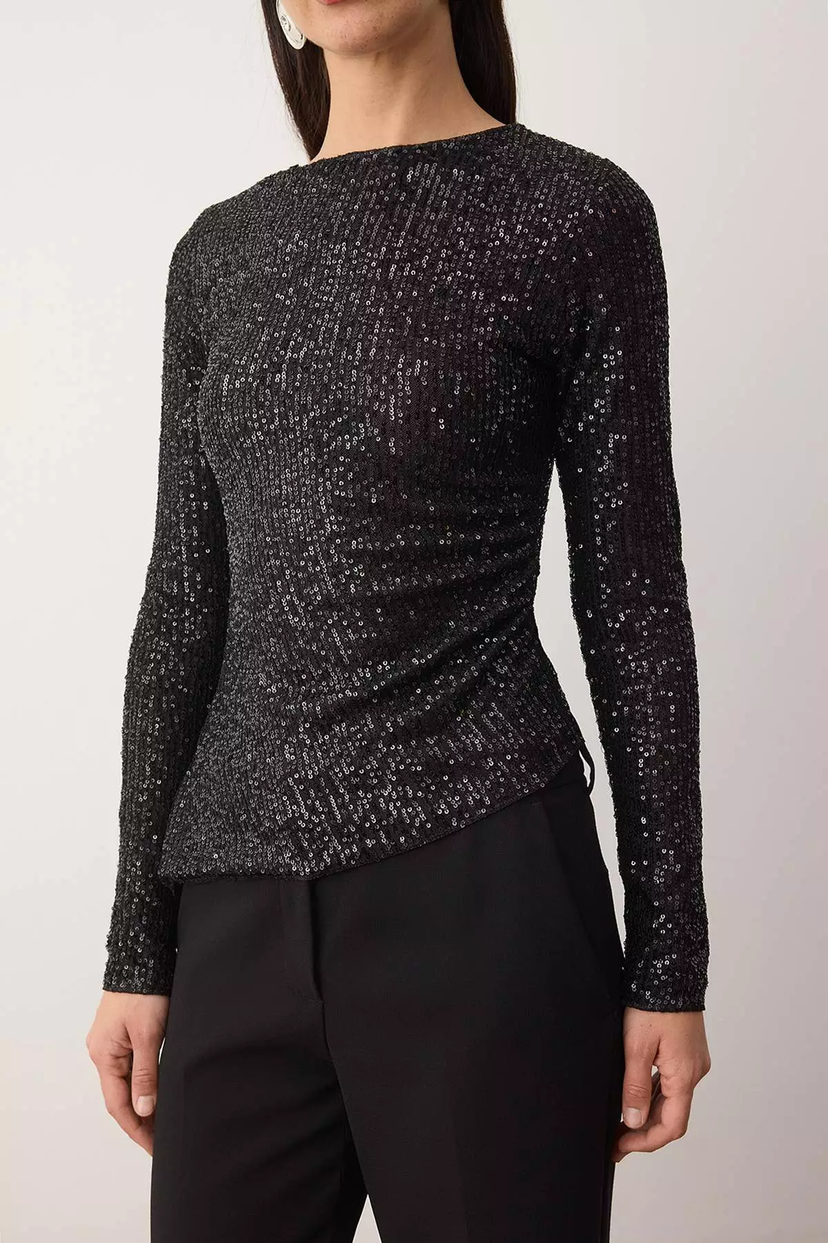 Black Boat Neck Knitted Party Blouse Tpraw26Bz67