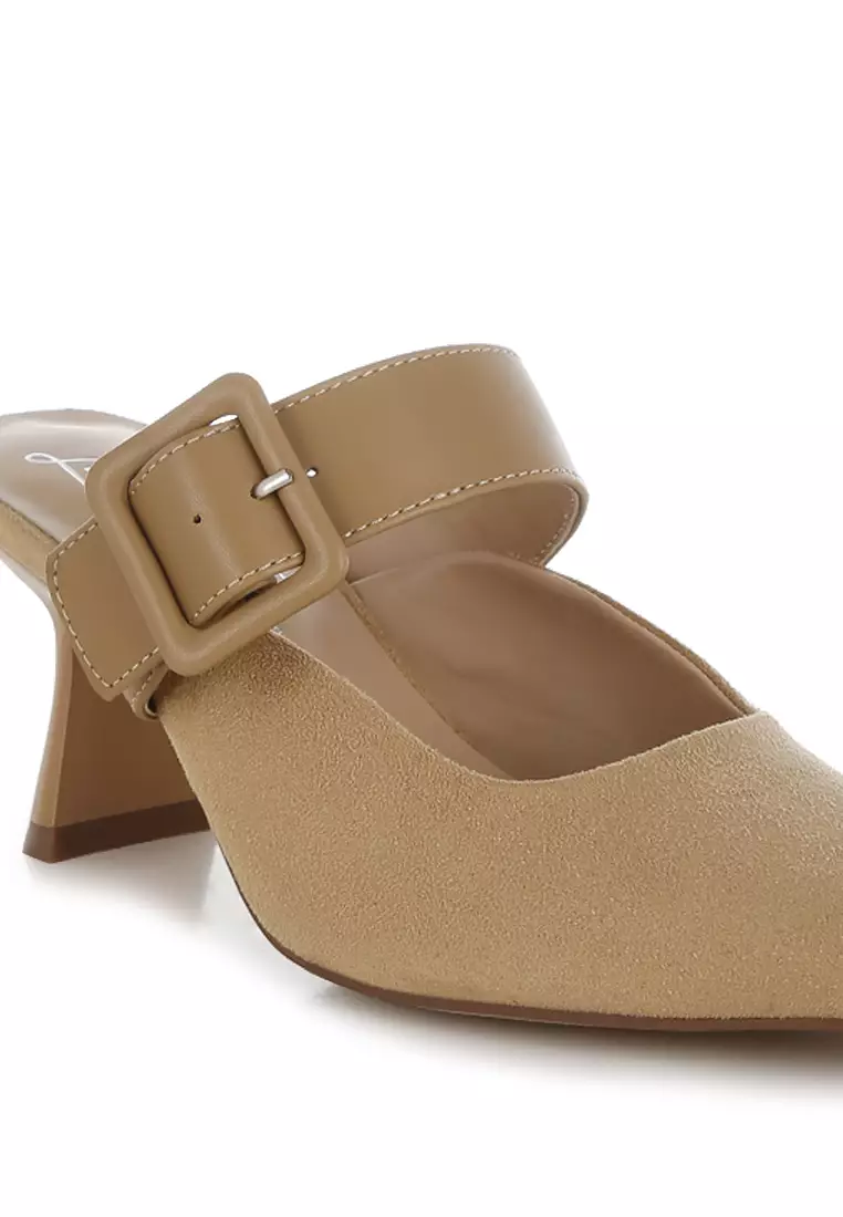 Microfiber Pointy Slip-On Mules in Beige