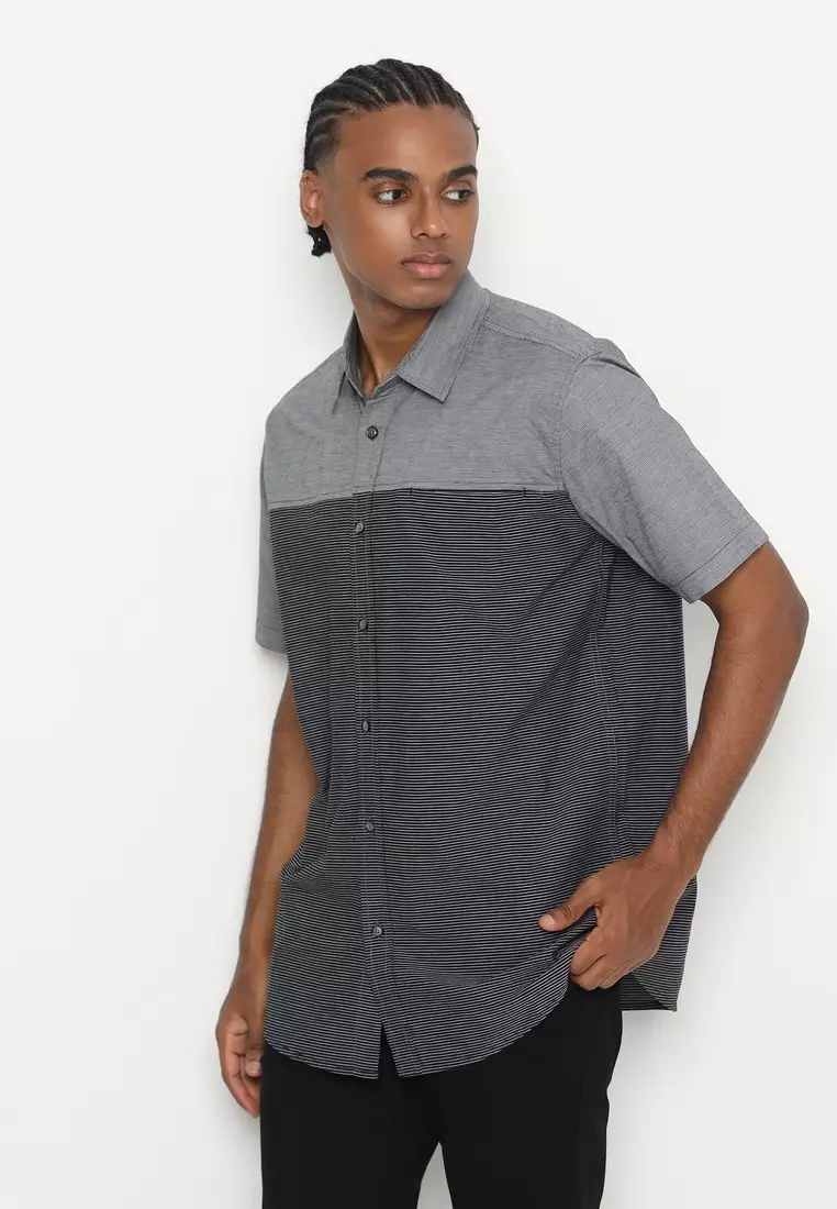 RBJ Kemeja Salur Kombi Hitam Regular Fit Pria