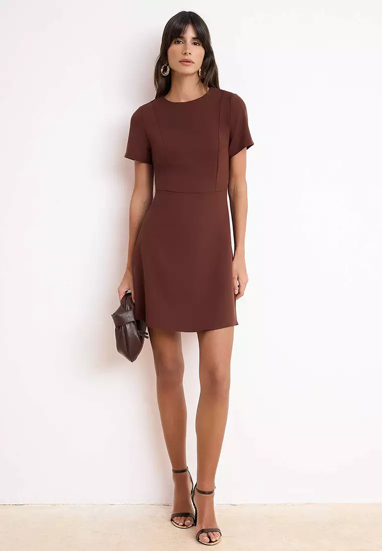 Brown Skirt Flared From The Waist Short Sleeve Mini Stretchy Woven Dress Twoss26El37