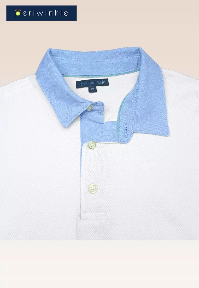 Imman Boys White Polo Pique With Chambray Collar