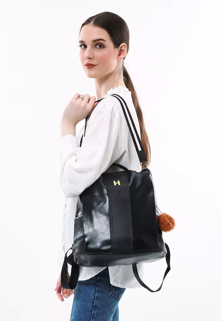 Afra Tas Ransel Wanita Large Compartment Backpack 2in1 Motif Polos Material Leather ORIGINAL - Black
