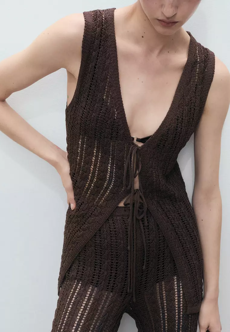 Openwork Knitted Waistcoat With Bow Closure