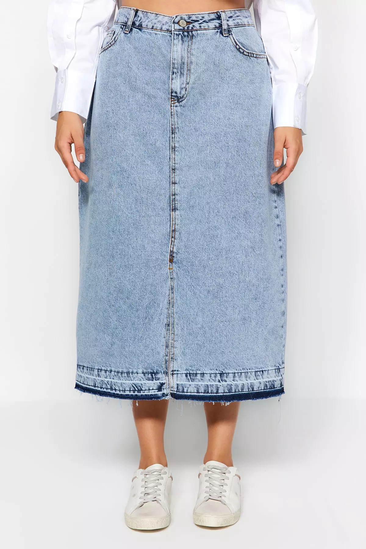 Plus Size High Waist Denim Midi Skirt