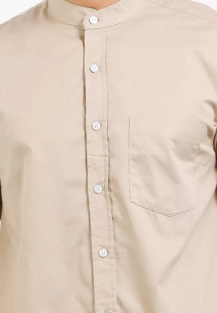 Cotton Well Badr Stand Collar Shirt Light Taupe | Kemeja Koko Lengan Panjang Krem