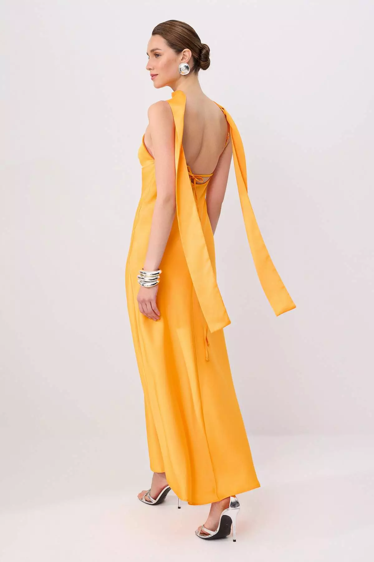 Orange Plain Scarf Woven Satin Maxi Lined Stylish/Evening Dress