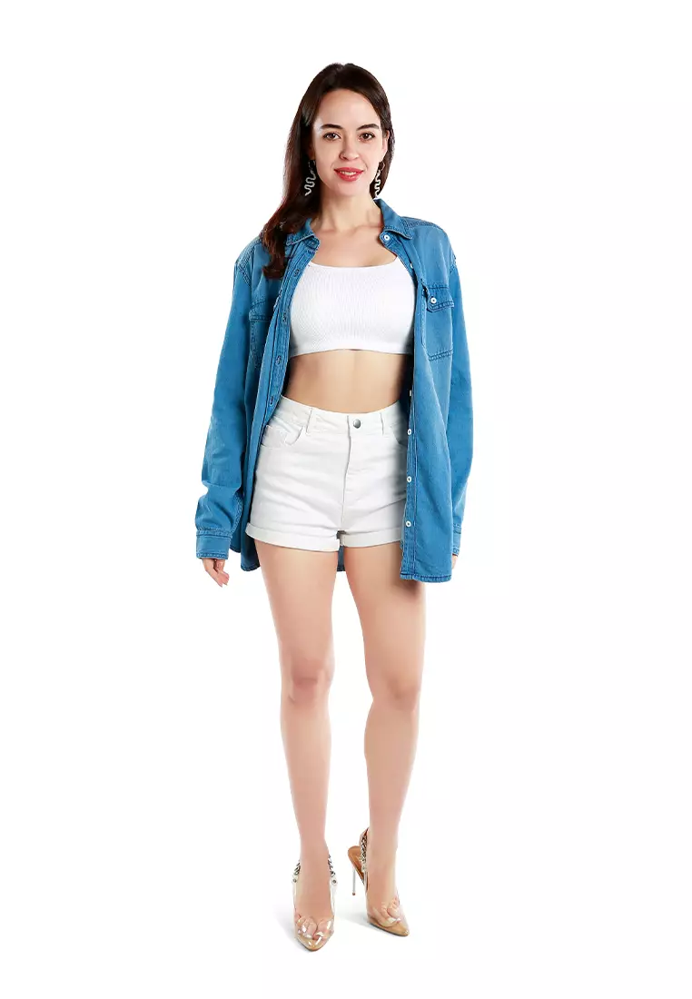 Kemeja Denim Ombre Kancing Bawah Biru Muda