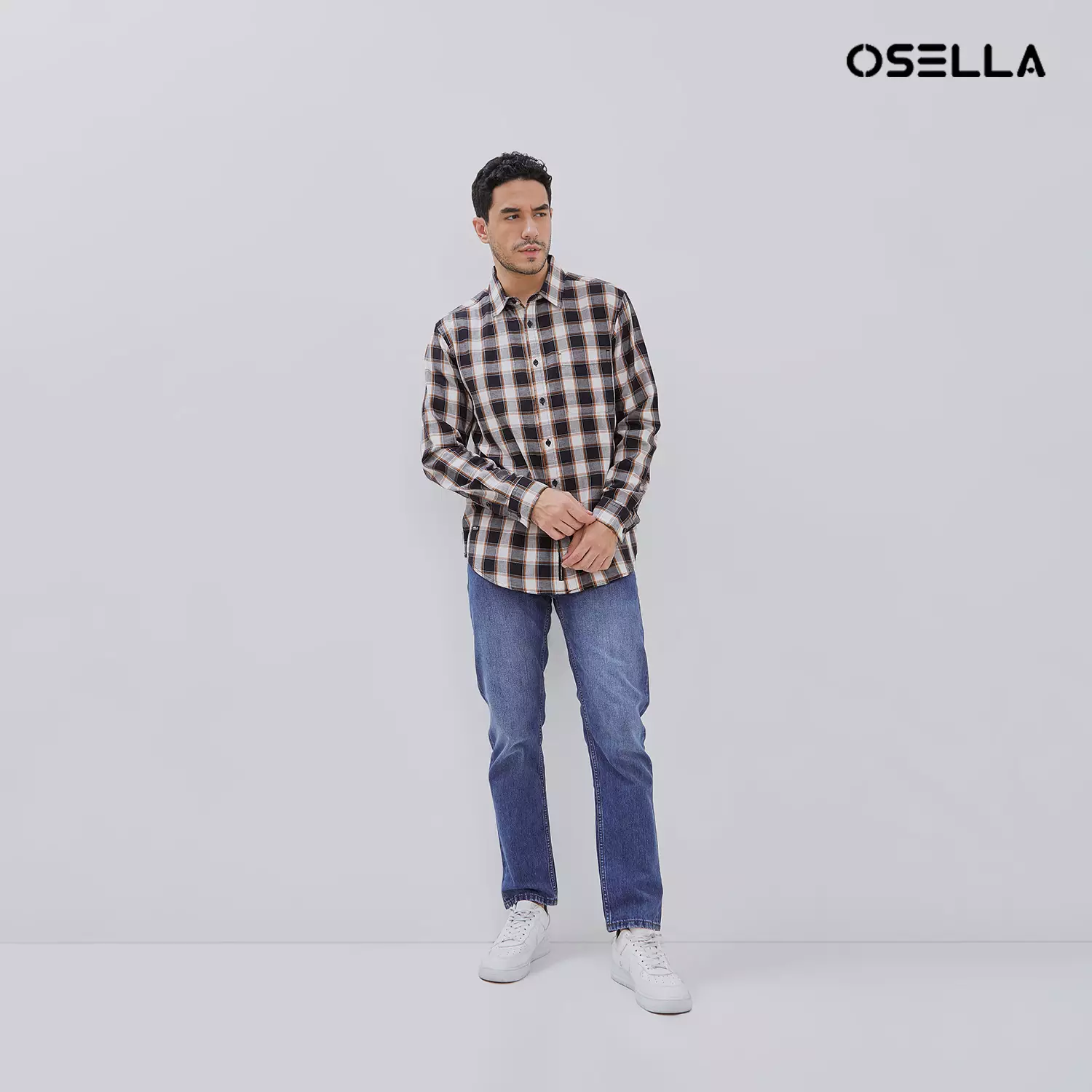 [NEW] Osella Long Sleeve Checkered Shirt In Black, White And Dark Mustard Detailing 2037500143 | Kemeja Lengan Panjang Pria