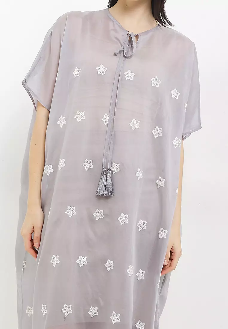 Beaded Tassel Flo Emb Kaftan W/ Lace Hem