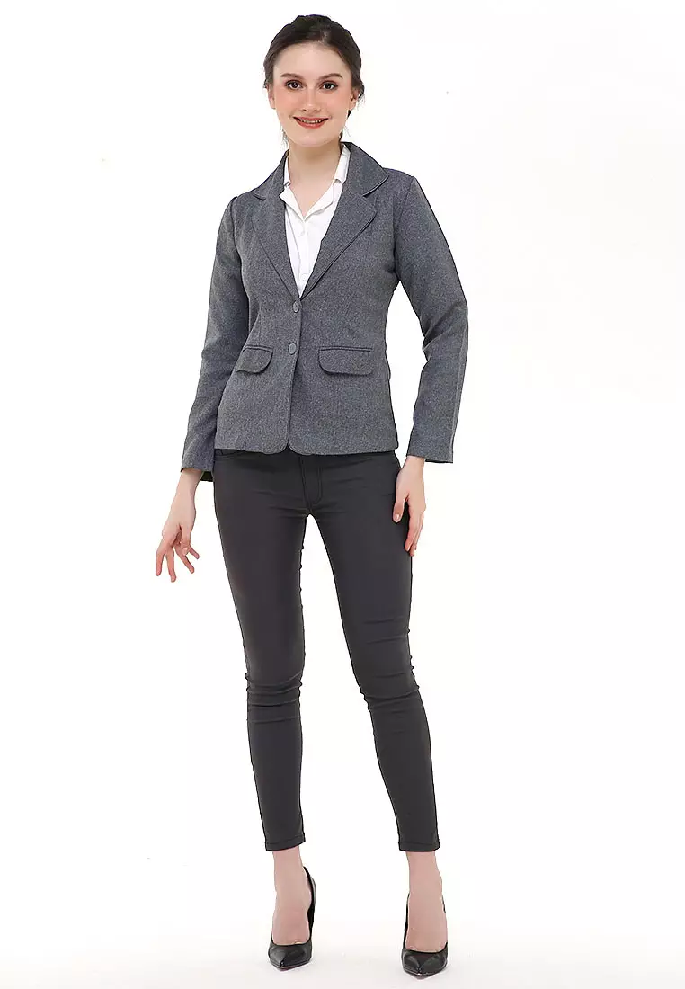 Qemsya Jas Blazer Wanita Korean Style Formal Longsleeve Suit Material Polyester ORIGINAL - Gray