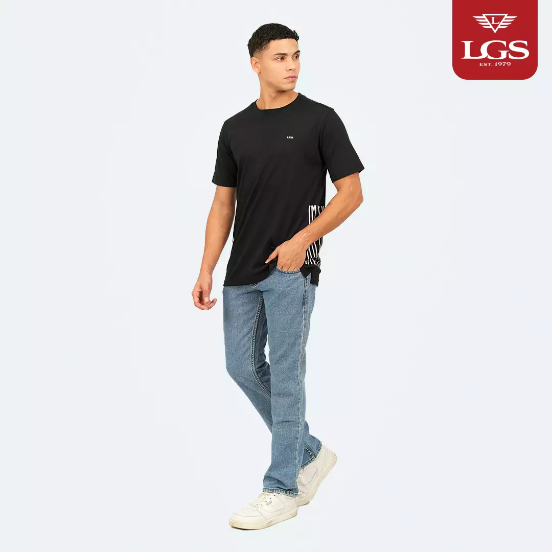 LGS - Kaos Casual Pria - Lengan Pendek - Motif Belakang Printing Salur - Hitam - Slim Fit - JTS.322.S3663F.33.C
