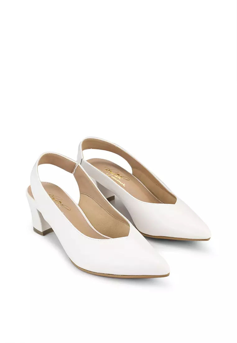 White slingback store block heels