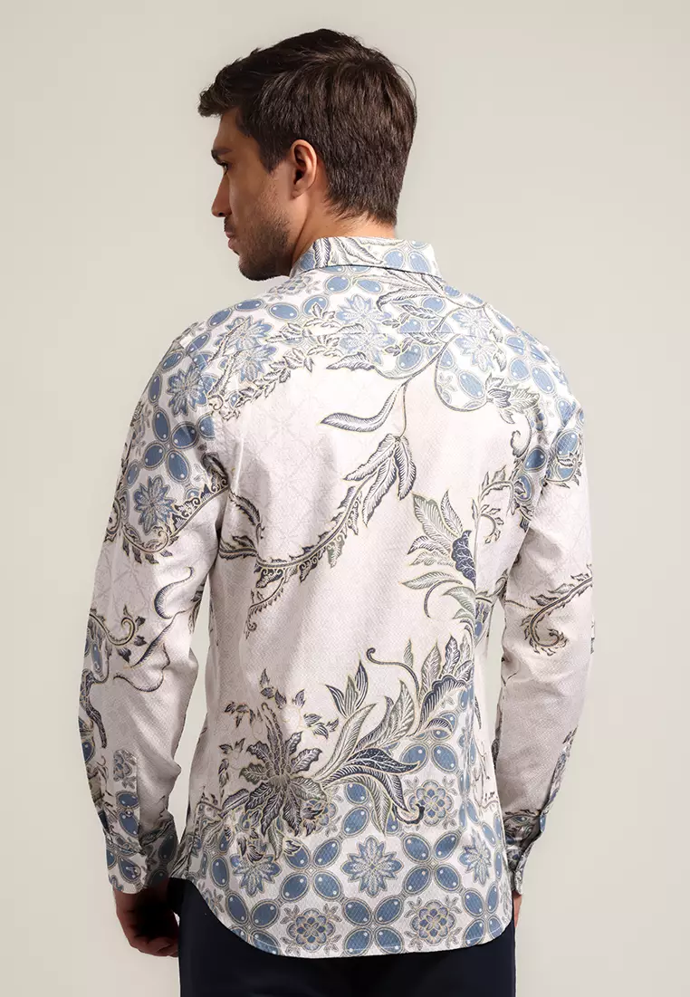 MOC - Kemeja Batik Pria Lengan Panjang Balereng - White Warna White