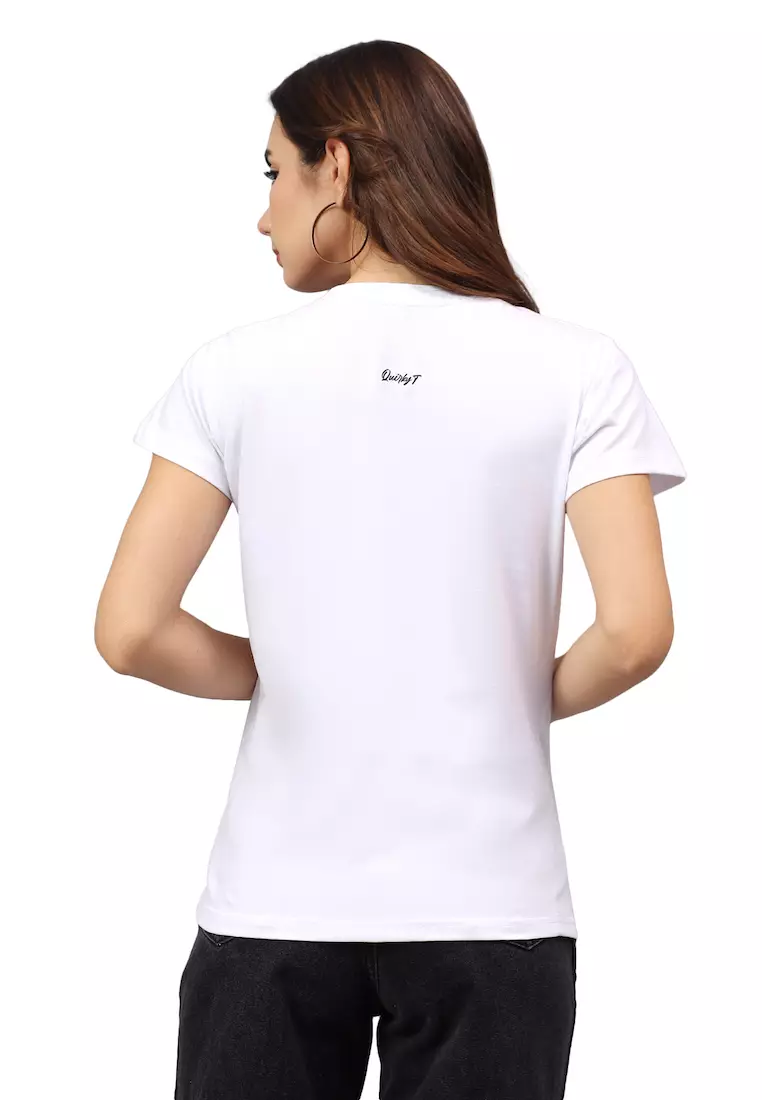 女款艺伎图案白色棉质常规版型T恤/T恤，短袖，圆领