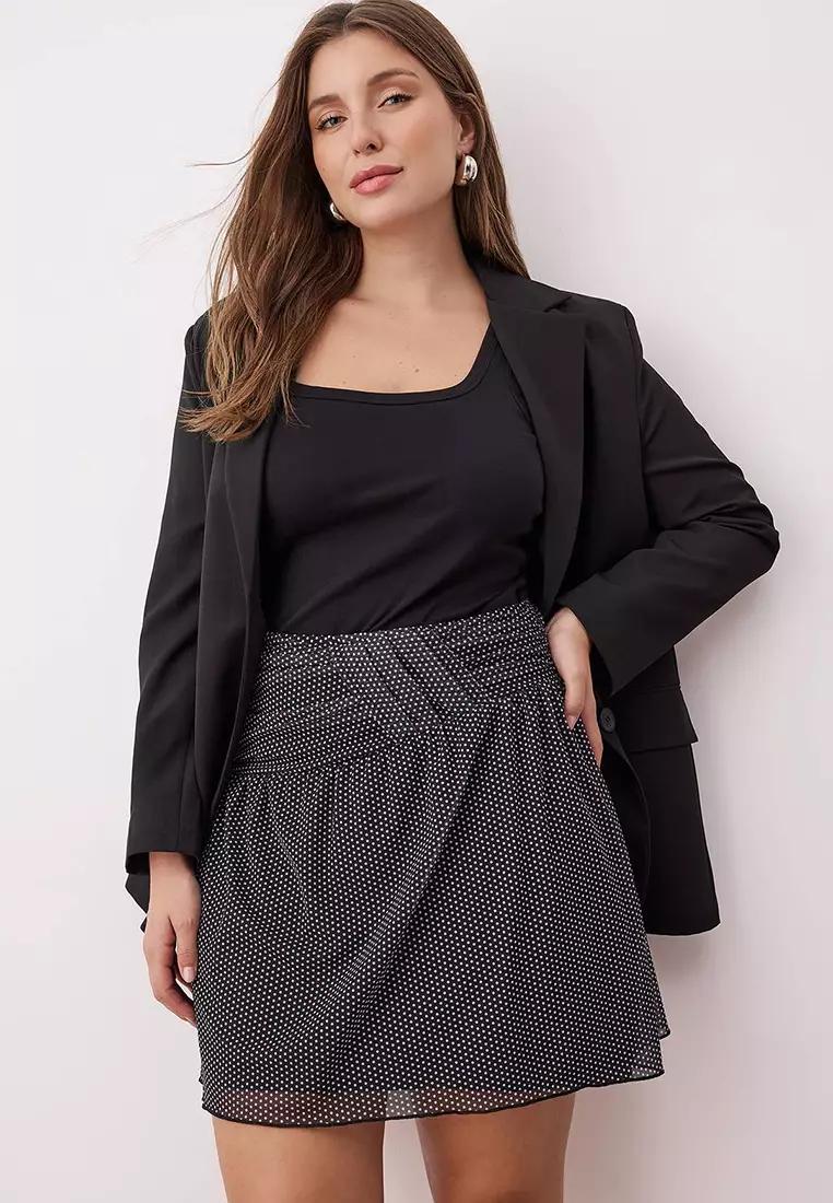 Black Polka Dot Patterned Pleated Waist Mini Tulle Knit Plus Size Skirt