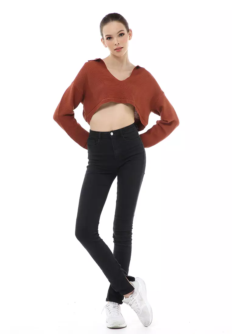 Albertine Atasan Crop Wanita Lengan Panjang Blouse Vneck Motif Polos Material Rajut ORIGINAL - Brown