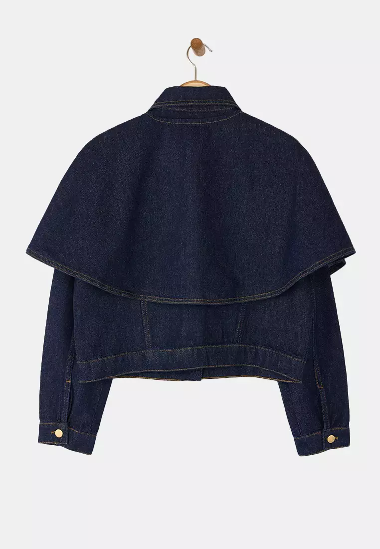 Dark Blue Denim Poncho Jacket With Detachable Cape