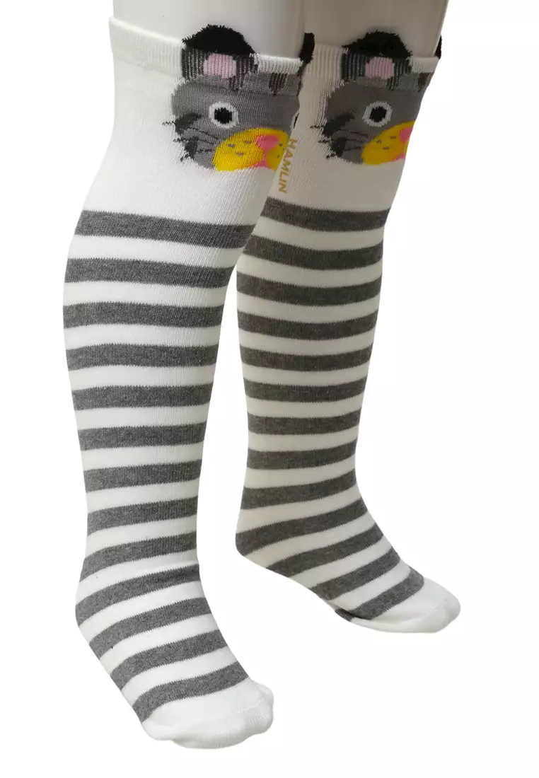 Candie Kaos Kaki Panjang Anak Perempuan Motif Kucing Kids Long Socks Material Cotton ORIGINAL - Gray