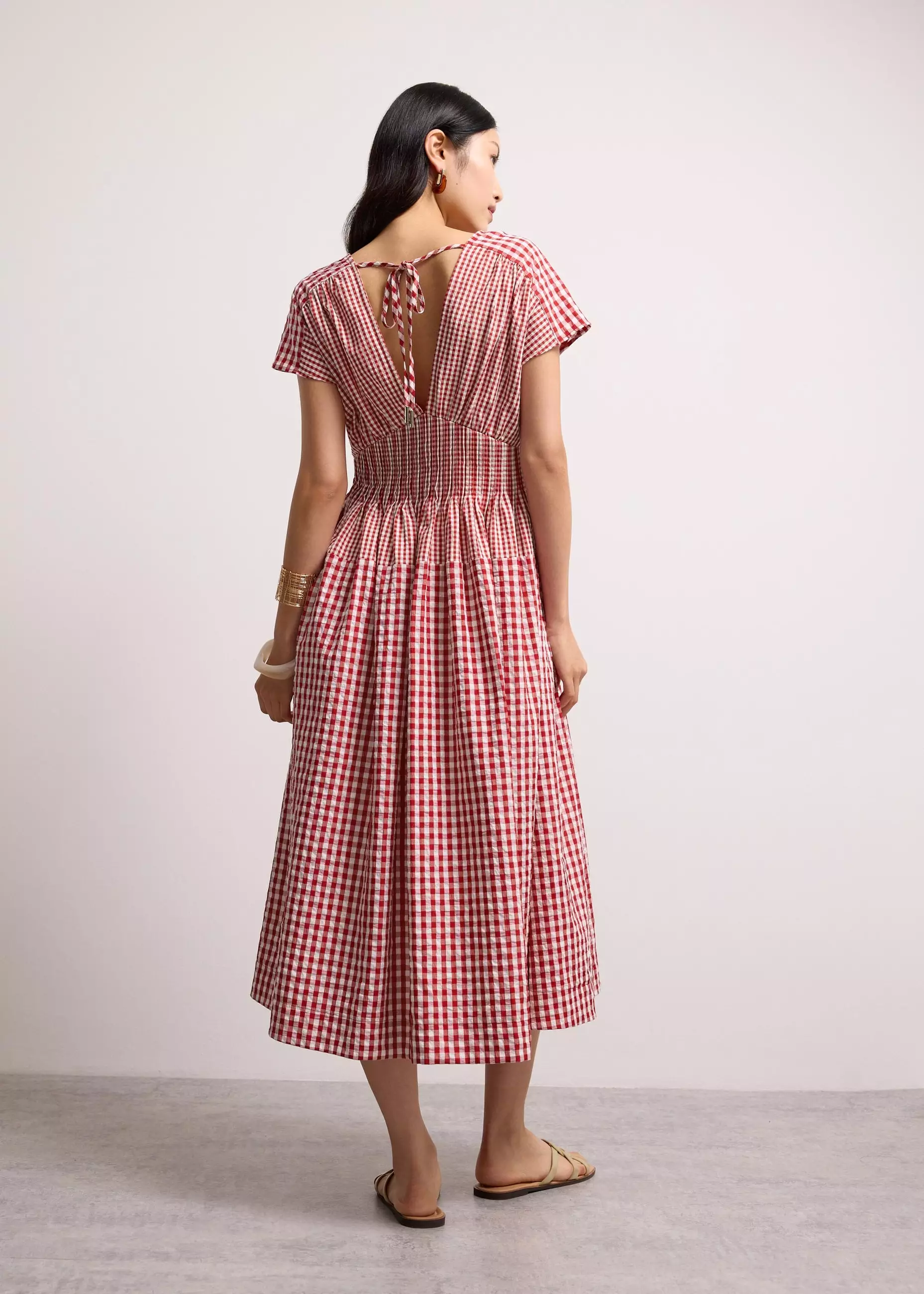 Dress Wanita - Gingham Seersucker V-neck Cap Sleeve Fit & Flare Midaxi Dress