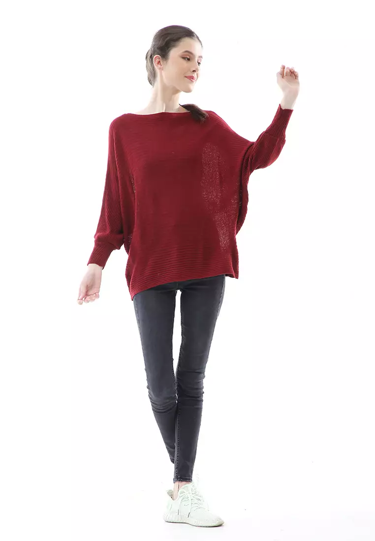 Eveline Sweater Rajut Batwing Atasan Wanita Motif Polos High Quality - Maroon