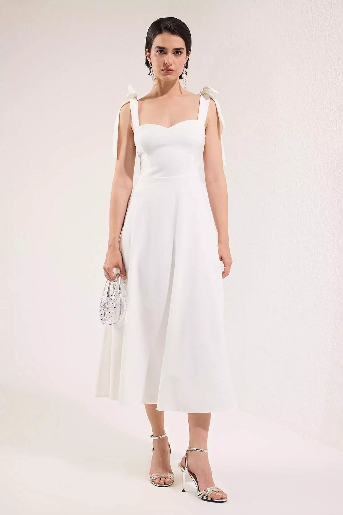 White A-Line Strap Binding Detail Woven Midi Stylish Evening Dress Night Graduation Dress Tprss24El00251