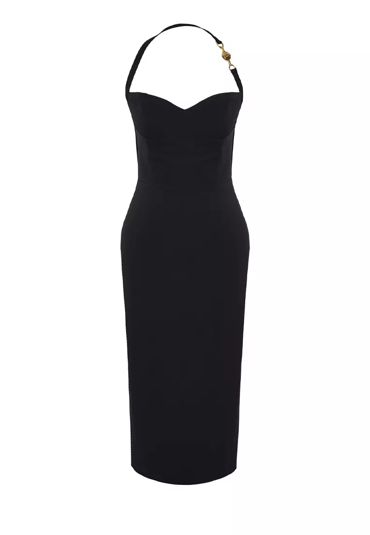 Black Accessory Detailed Woven Elegant Evening Dress Graduation Dress