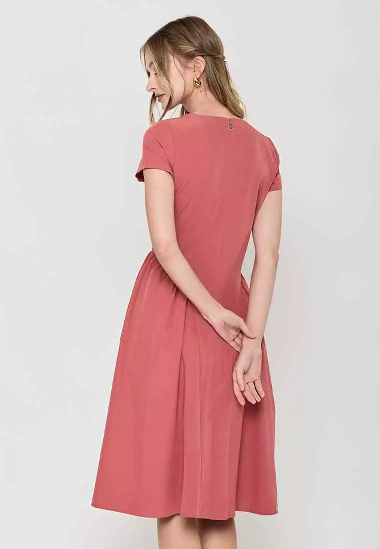 Jazmin Short Sleeves A-Line Dress with Pleats