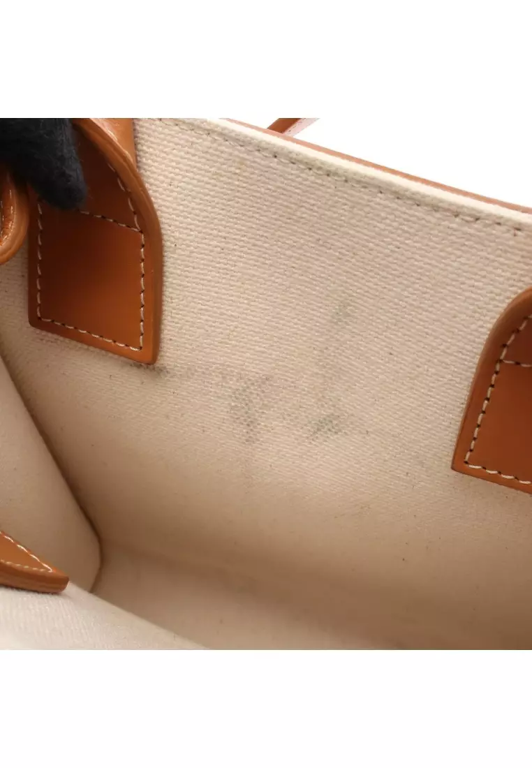 Pre-Loved Celine mini Vertical Cabas Handbag canvas leather ivory light brown 2WAY