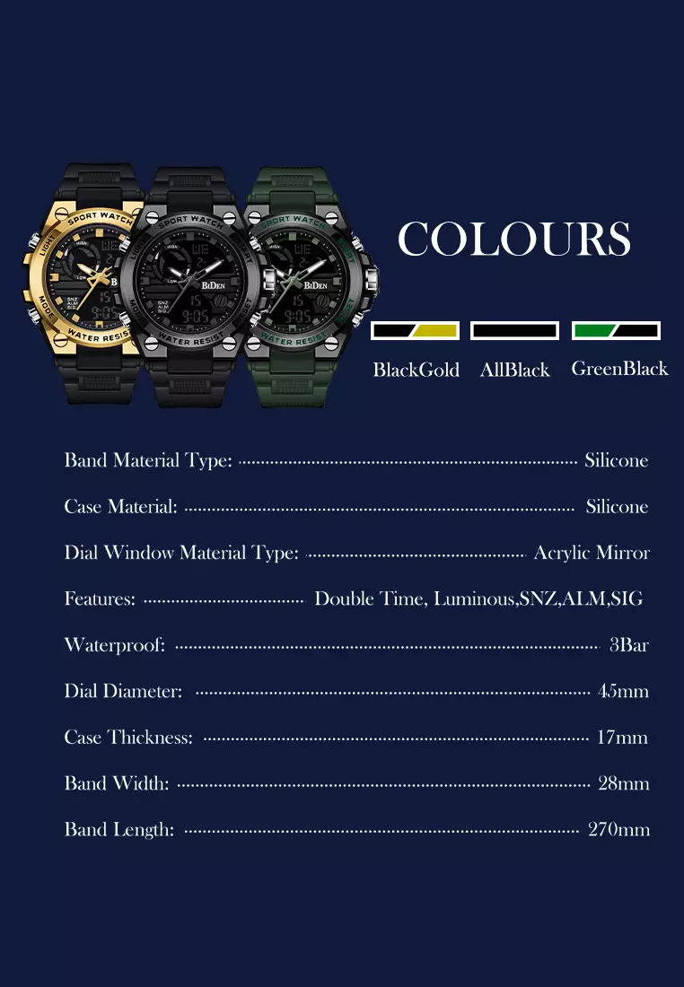 Jam Tangan Pria Digital&Analog Olahraga Militer Pria Tali Silikon Tahan Air Luminous Jam Tangan Cowok Original emas