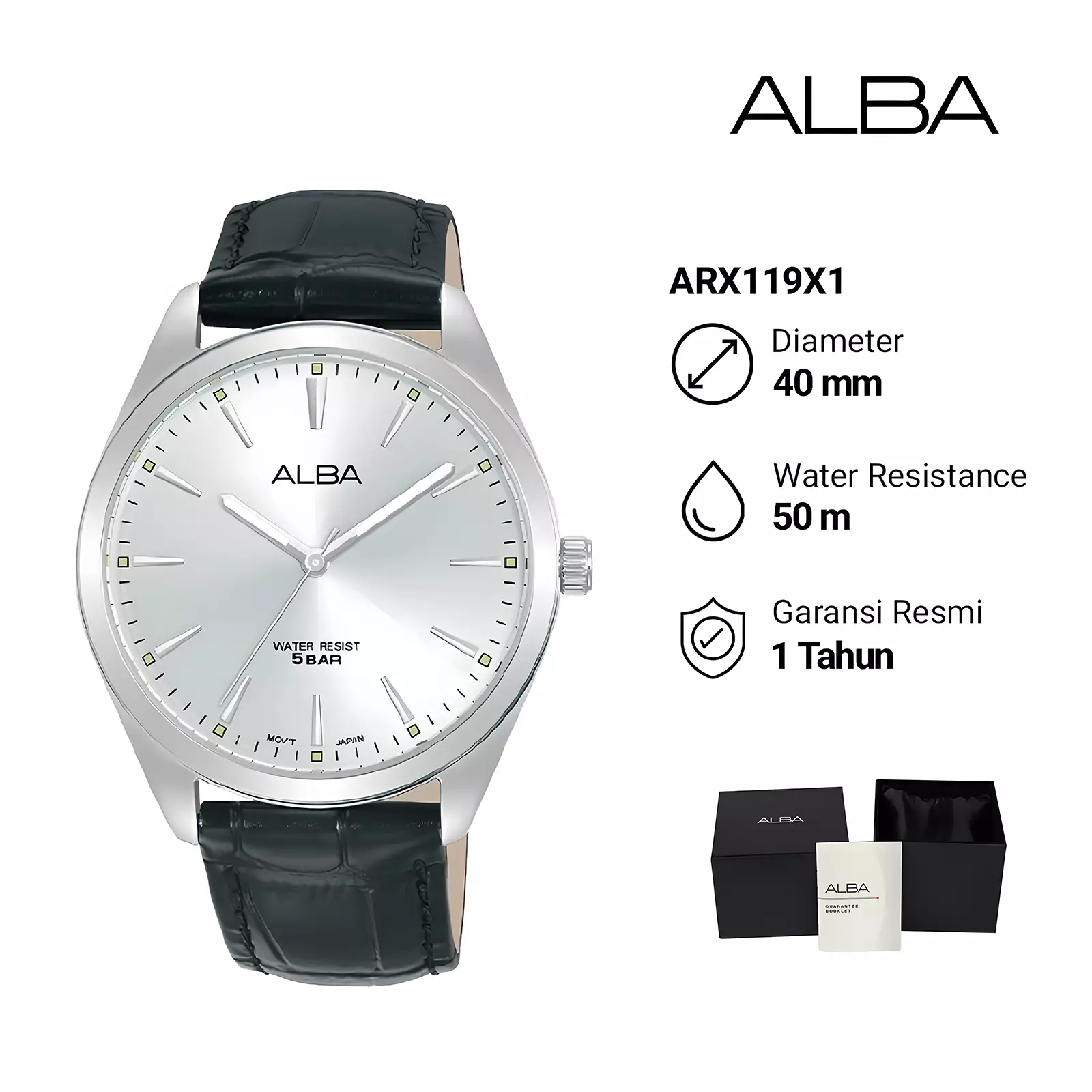 Alba - Jam Tangan Analog Pria - Silver Case - Black Leather Strap - ARX119X1