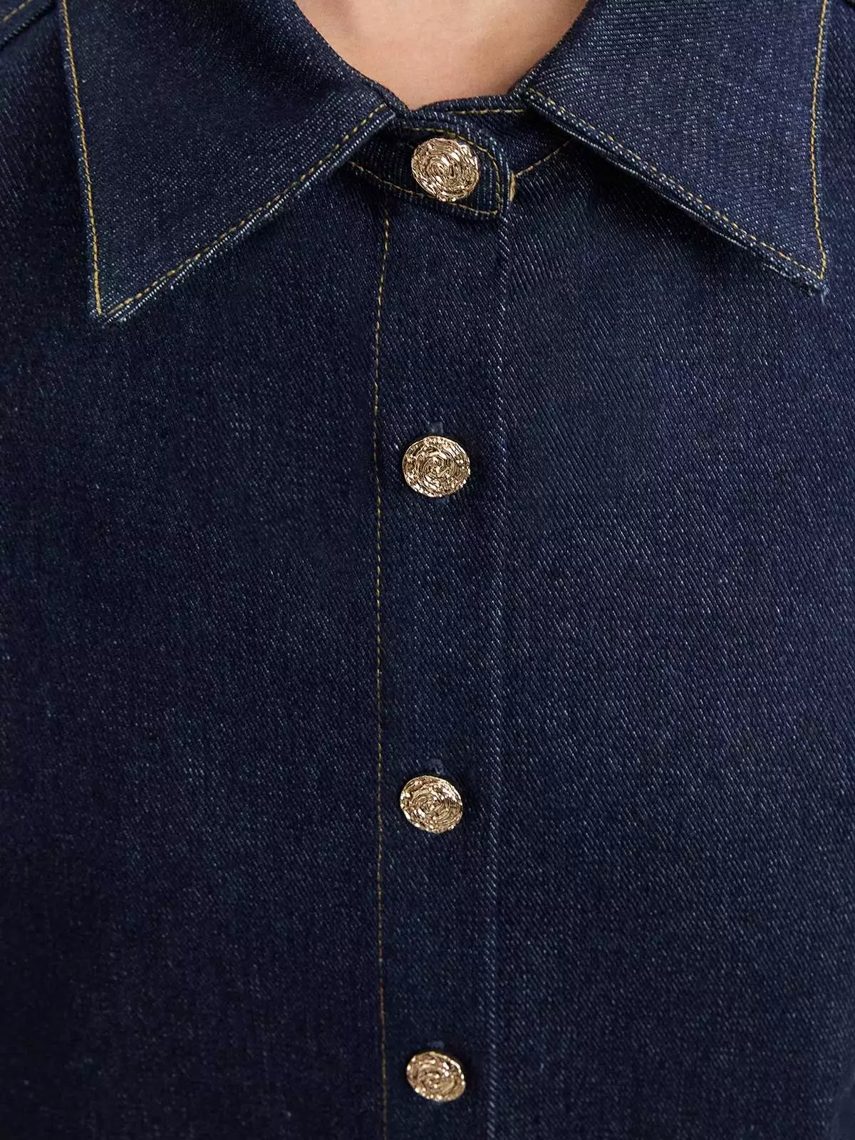 Pomelo - Blouse Wanita - Puffed Sleeve Denim Blouse - Blue