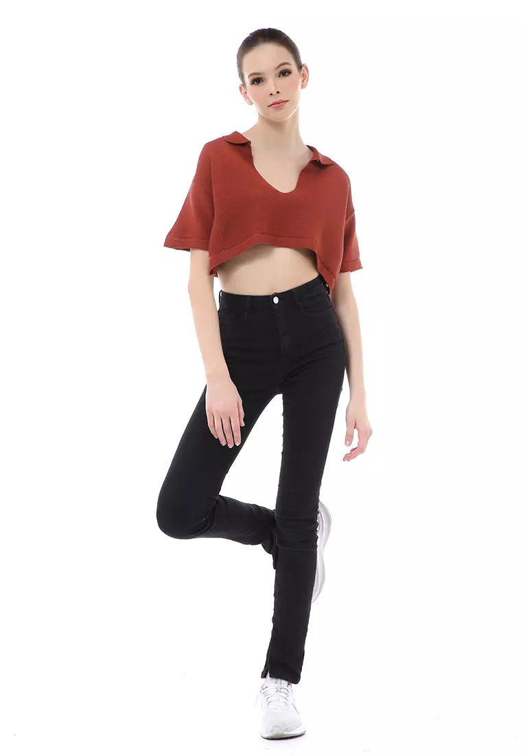 Albertine Atasan Crop Wanita Lengan Pendek Blouse Vneck Motif Polos Material Rajut ORIGINAL - Brown