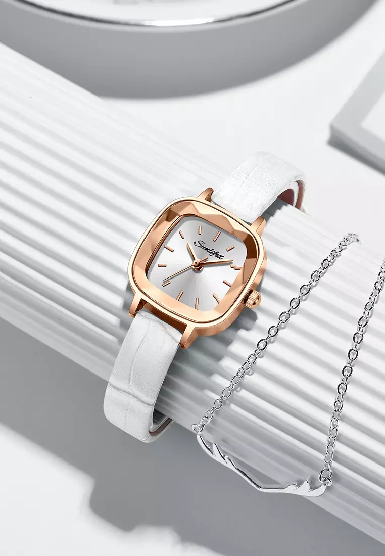 Jam Tangan Wanita 8003 Kuarsa Santai Anggun Jam Wanita Kecil Tali Kulit Jam Tangan Cewek white