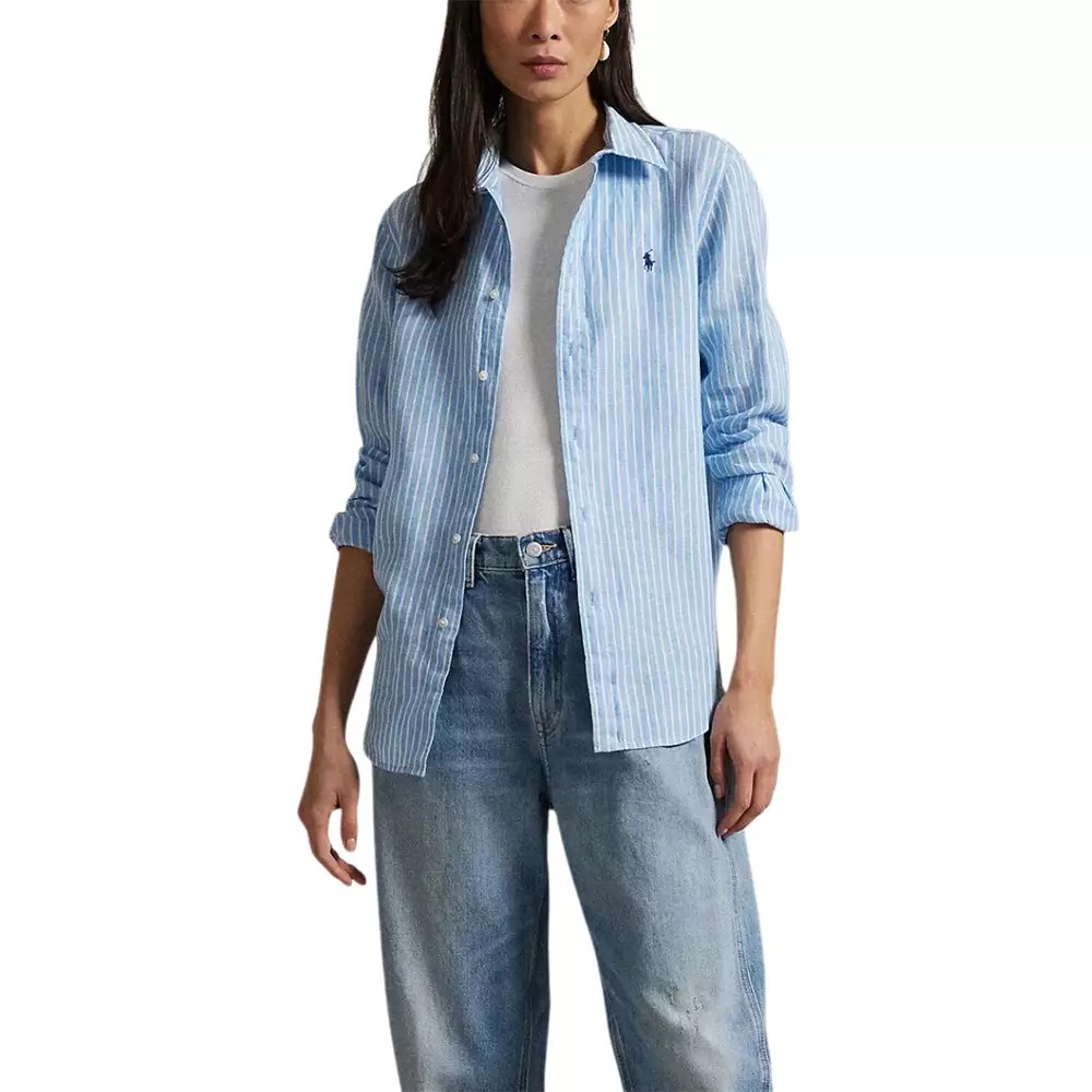 Classic Fit Striped Linen Long Sleeve Shirt Light Blue/White