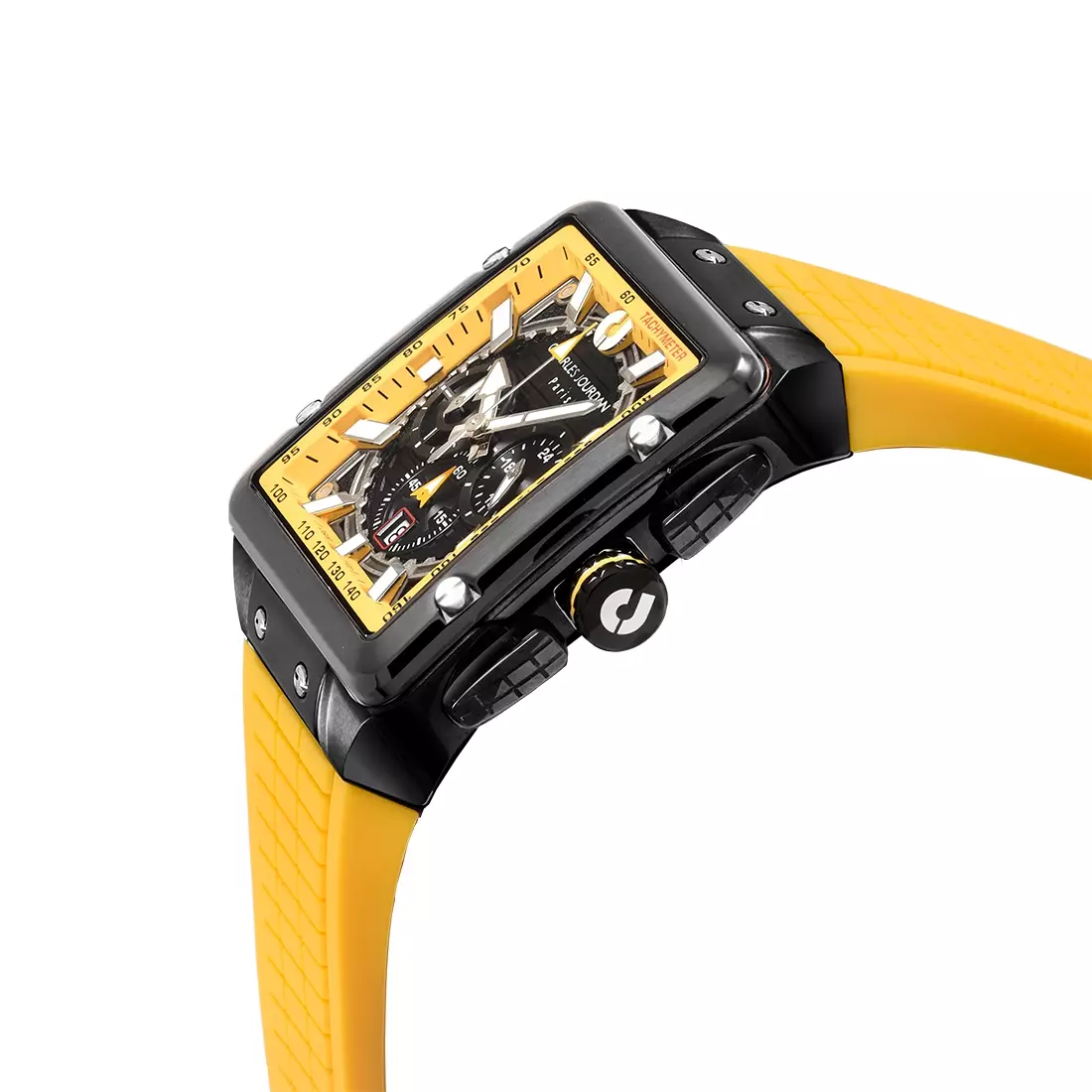 Jam Tangan Pria Charles Jourdan Ludis Square Quartz Black Yellow Silicone Strap CJ1122-1722C Original