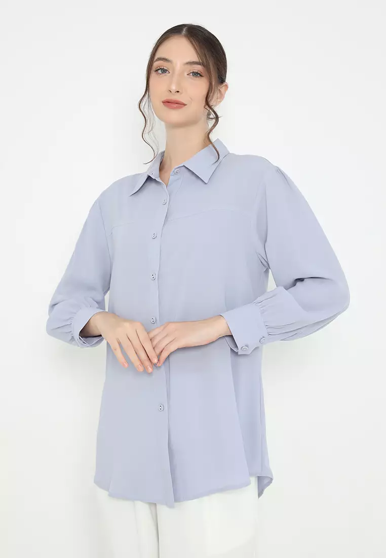 Plain Shirt Casual Look With Long Sleeve In Soft Blue By Brilliant Girl Warna BIRU