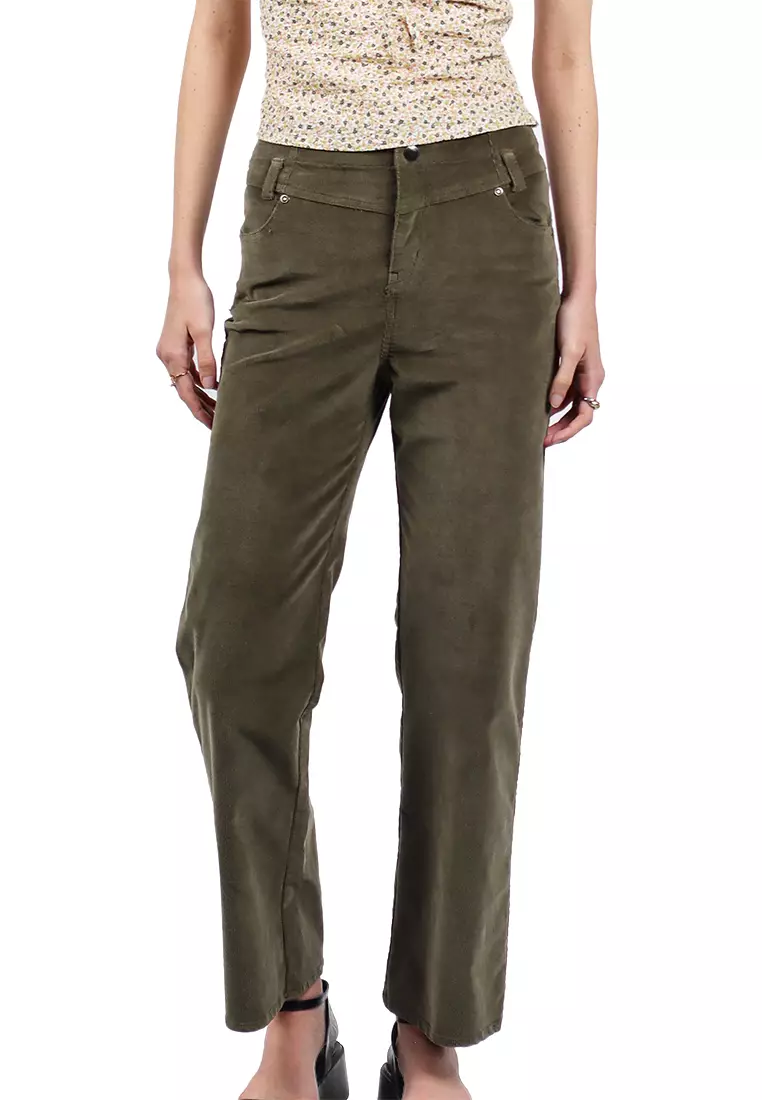 Corduroy Straight Leg Pants With Front Yoke And Raw Hem