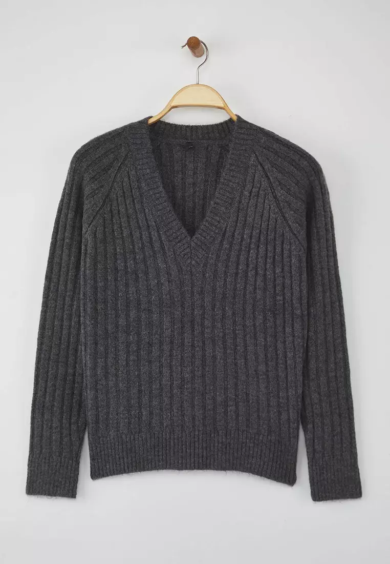 Wardrobe Essentials Anthracite Soft Textured Ribbed Knit Sweater