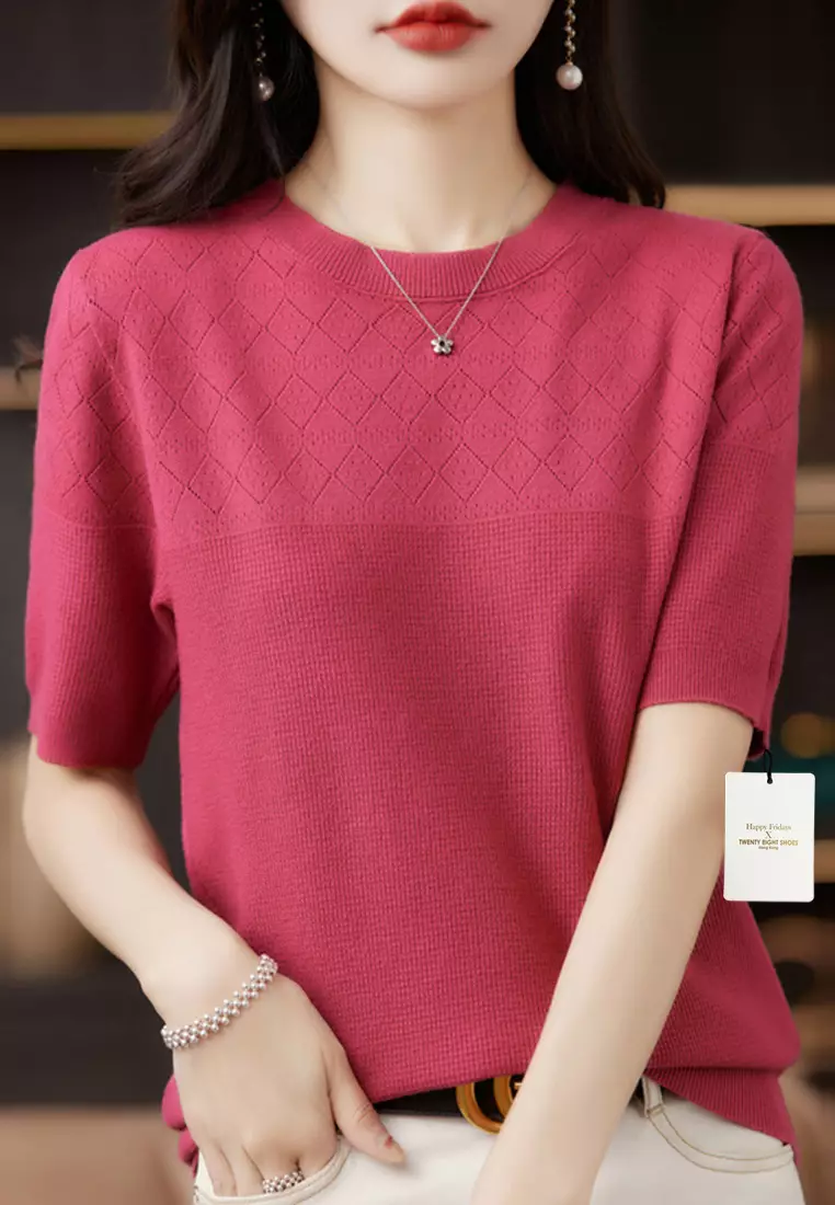 Rhombus Hollow Out Pattern Short Sleeve Knit Top JW QT-291