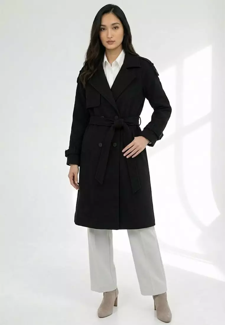 Double Breasted Wool Blend Belted Trench Coat